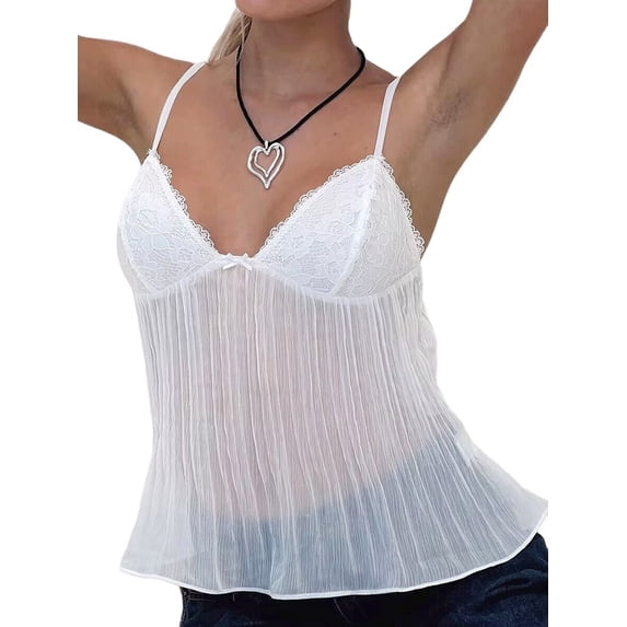 Women Y2k Babydoll Tank Tops Lace Trim V Neck Crop Spaghetti Strap Top Summer Cute Flowy Shirts White L