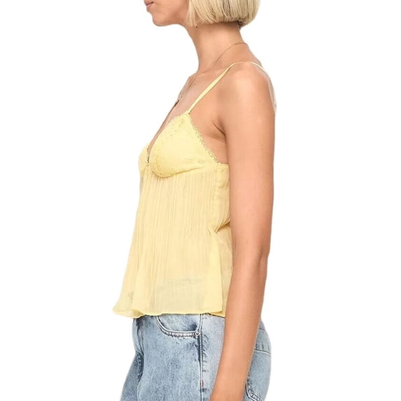 Women Y2k Babydoll Tank Tops Lace Trim V Neck Crop Spaghetti Strap Top Summer Cute Flowy Shirts Yellow S