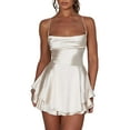 thumbnail image 1 of Women Y2k Backless Short Romper Satin Mini Dress Cowl Neck Tie Ruffle Layer Spaghetti Strap Jumpsuit, 1 of 7