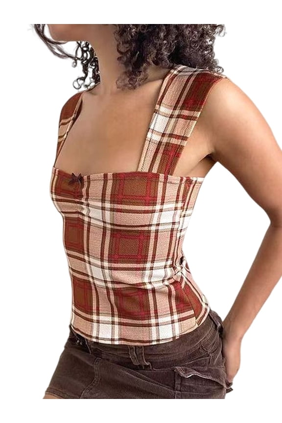 Women Y2k Backless Tank Top Vintage Patchwork Camis Crop Top Summer Club Vest 00s Retro Shirt Grid L