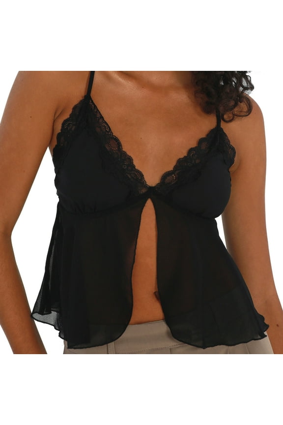 Women Y2k Backless Top Spaghetti Strap Tank Crop Tops Lace Cami Mesh Sheer Slim Fitted Sexy Shirt Going Out