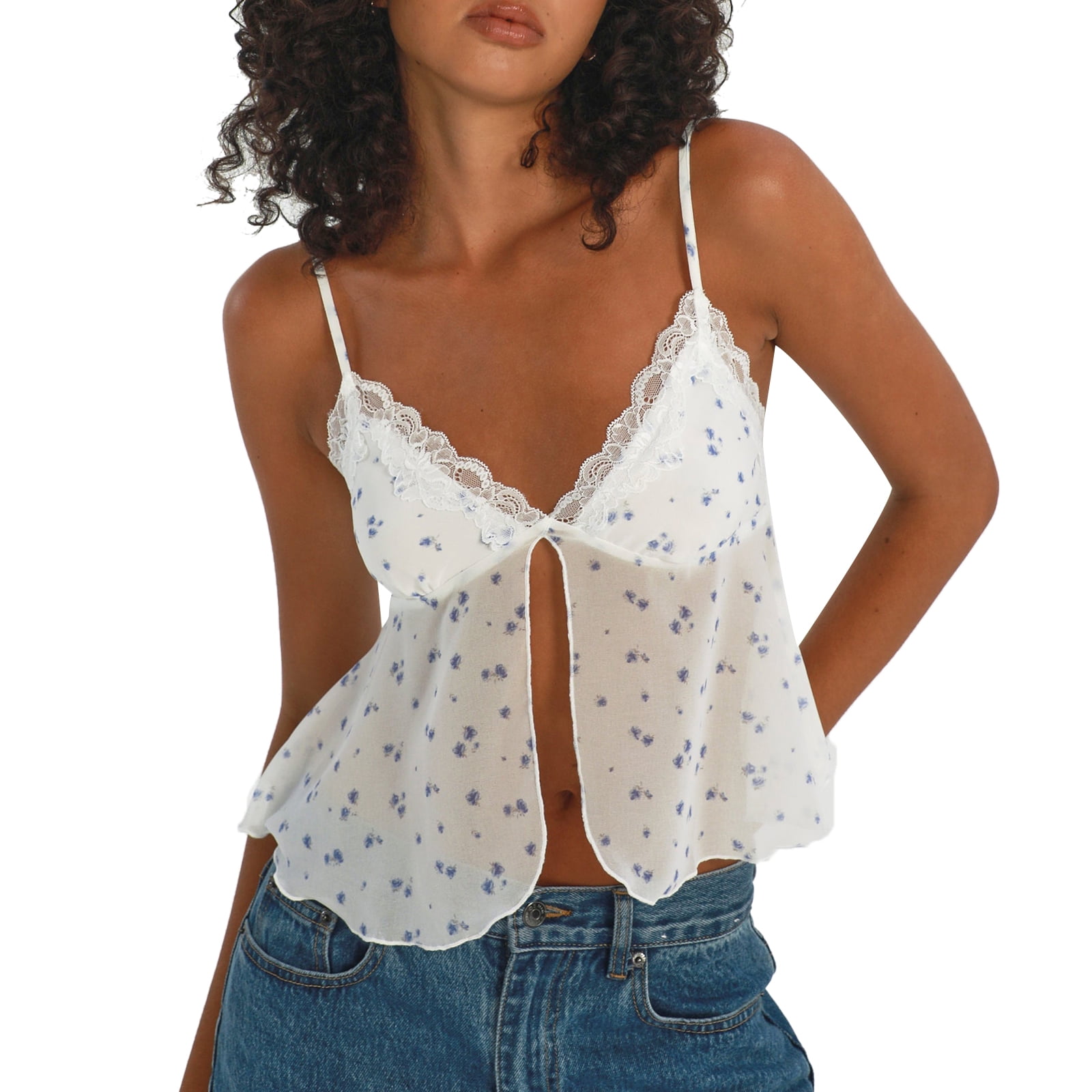 Women Y2k Backless Top Spaghetti Strap Tank Crop Tops Lace Cami