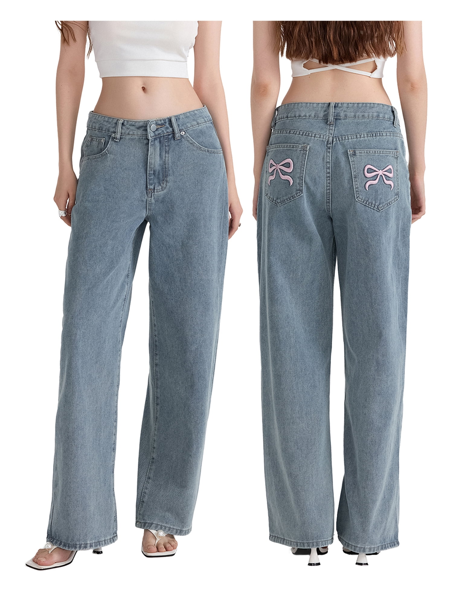 Women Y2k Baggy Jeans Mid Rise Bow Straight Wide Leg Denim Women Y2k Baggy Jeans Mid Rise Bow Straight Wide Leg Denim