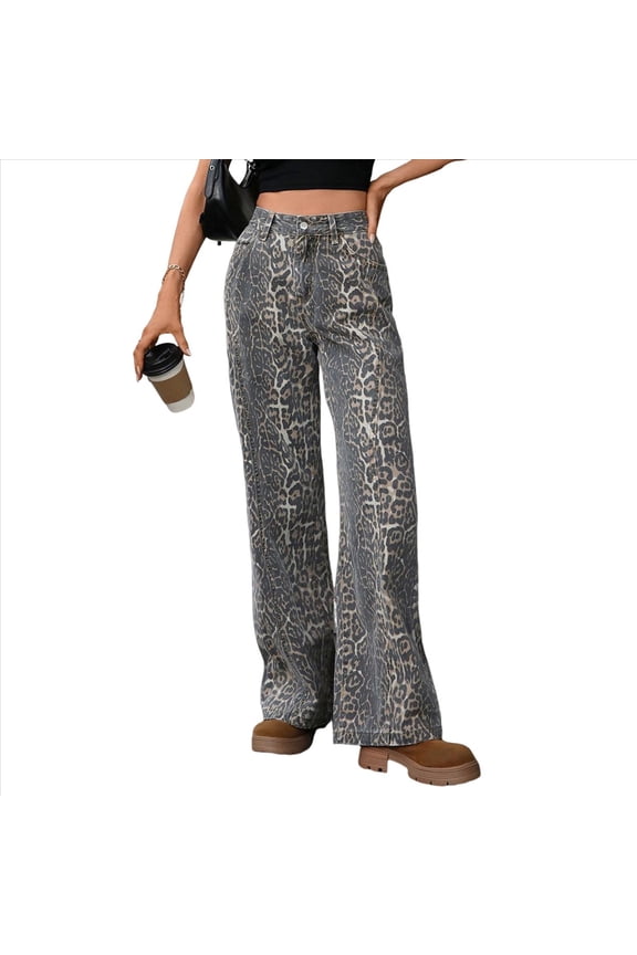 Women Y2k Baggy Wide Leg Mid Rise Leopard Boyfriend Denim Pants Patchwork Cowgirl Trouser Pocket Print M