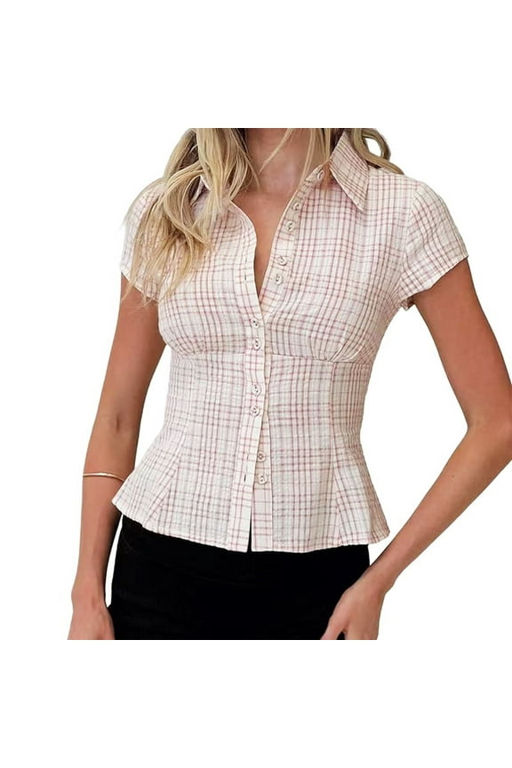 Women Y2k Button Down Shirts Slim Fit Casual Vintage Lapel Collar Short Sleeve Blouse Tops Streetwear Pink S