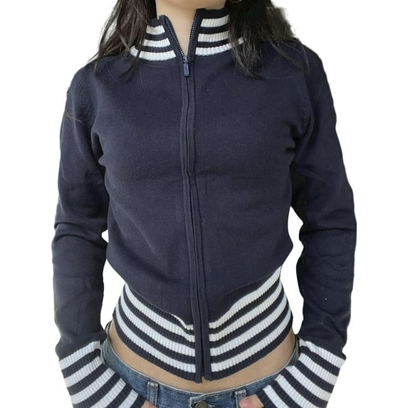 Women Y2k Casual Coat Long Sleeve Stand Collar Zipper Striped Jacket Cropped Cardigan Aesthetic Tops