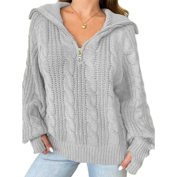 Women Y2k Casual Long Sleeve Half Zip Turtleneck Sweaters V Neck Collar Twin Knitted Loose Jumper Tops