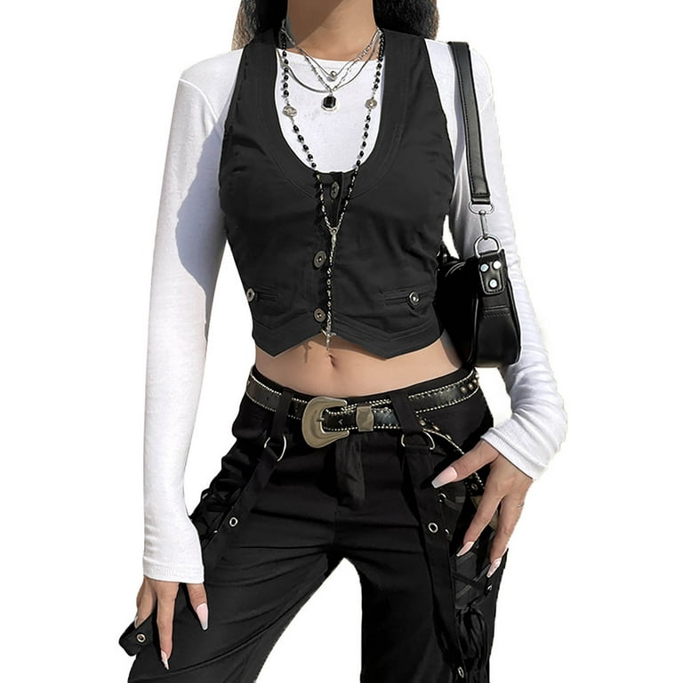 Women Y2k Cropped Vest Top Button Down U-shaped Neck Vintage Gothic  Waistcoat Punk Grunge Streetwear - Walmart.com