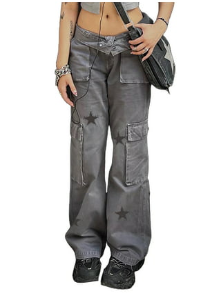 hirigin Women's Low Waist Shiny Cargo Pants Casual Solid Color Harajuku  Vintage Y3K Low Rise Baggy Jogger Relaxed Cinch Pants(H-Light Grey  (Glitter),Medium) 