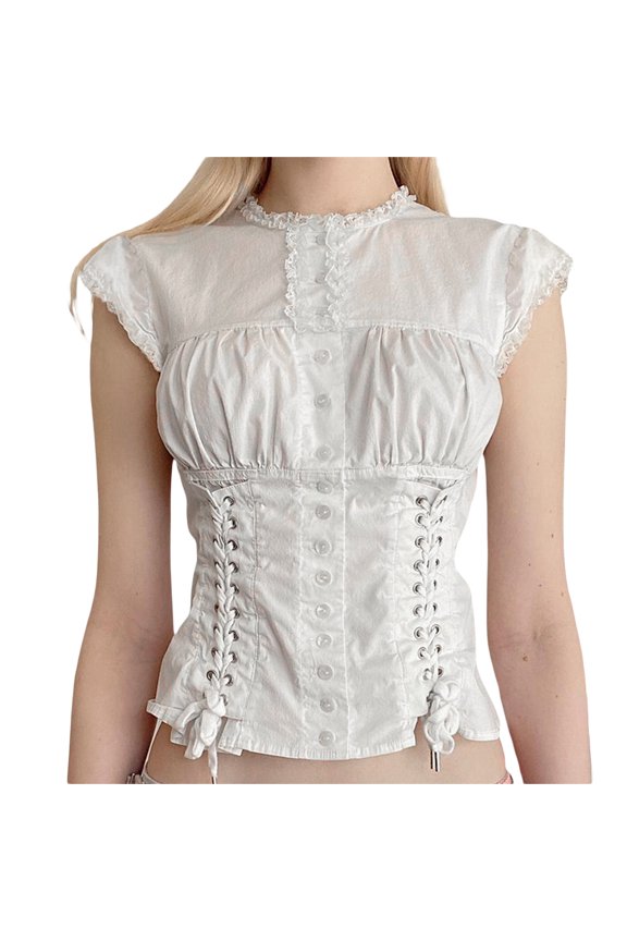 Women Y2k Fairy Button Shirt Vintage Sleeveless Ruffle Neck Corset Crop Tops E-Girl Harajuku Clothes