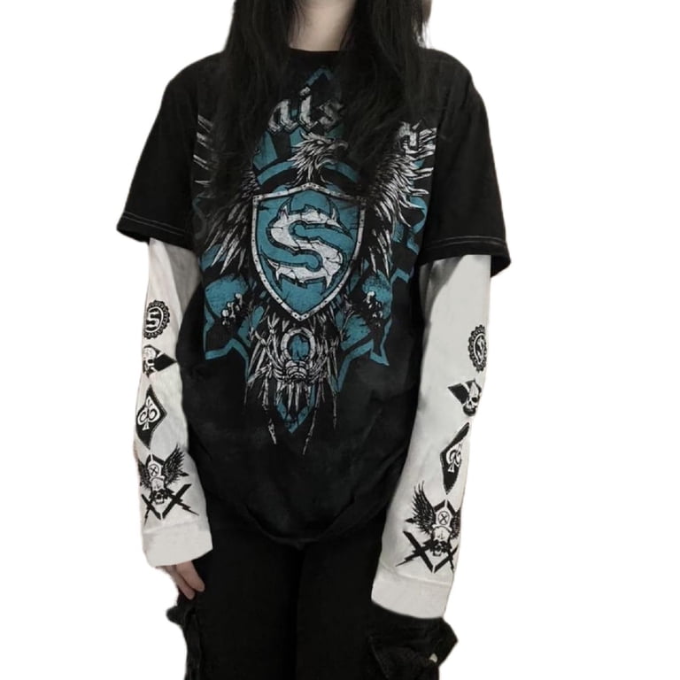 Women Y2k Fairy Grunge Fake Two-Piece Shirts Long Sleeve Graphic T 