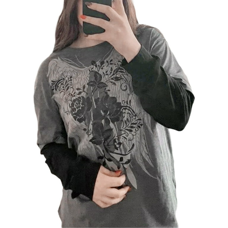 Women Y2k Fairy Grunge Fake Two-Piece Shirts Long Sleeve Women Y2k Fairy Grunge Fake Two-Piece Shirts Long Sleeve