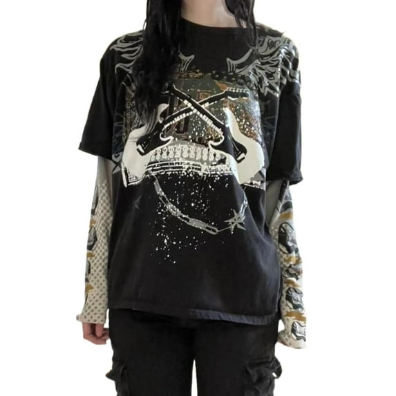 Women Y2k Fairy Grunge Fake Two-Piece Shirts Long Sleeve Graphic T-Shirt Vintage Aesthetic Oversized Baggy Tees Tops