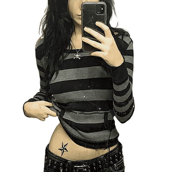 Women Y2k Fairy Grunge Hoodies Long Sleeve Vintage Aesthetic Stripe Shirt Patchwork Graphic T-Shirt Gothic Slim Fit Tees Tops