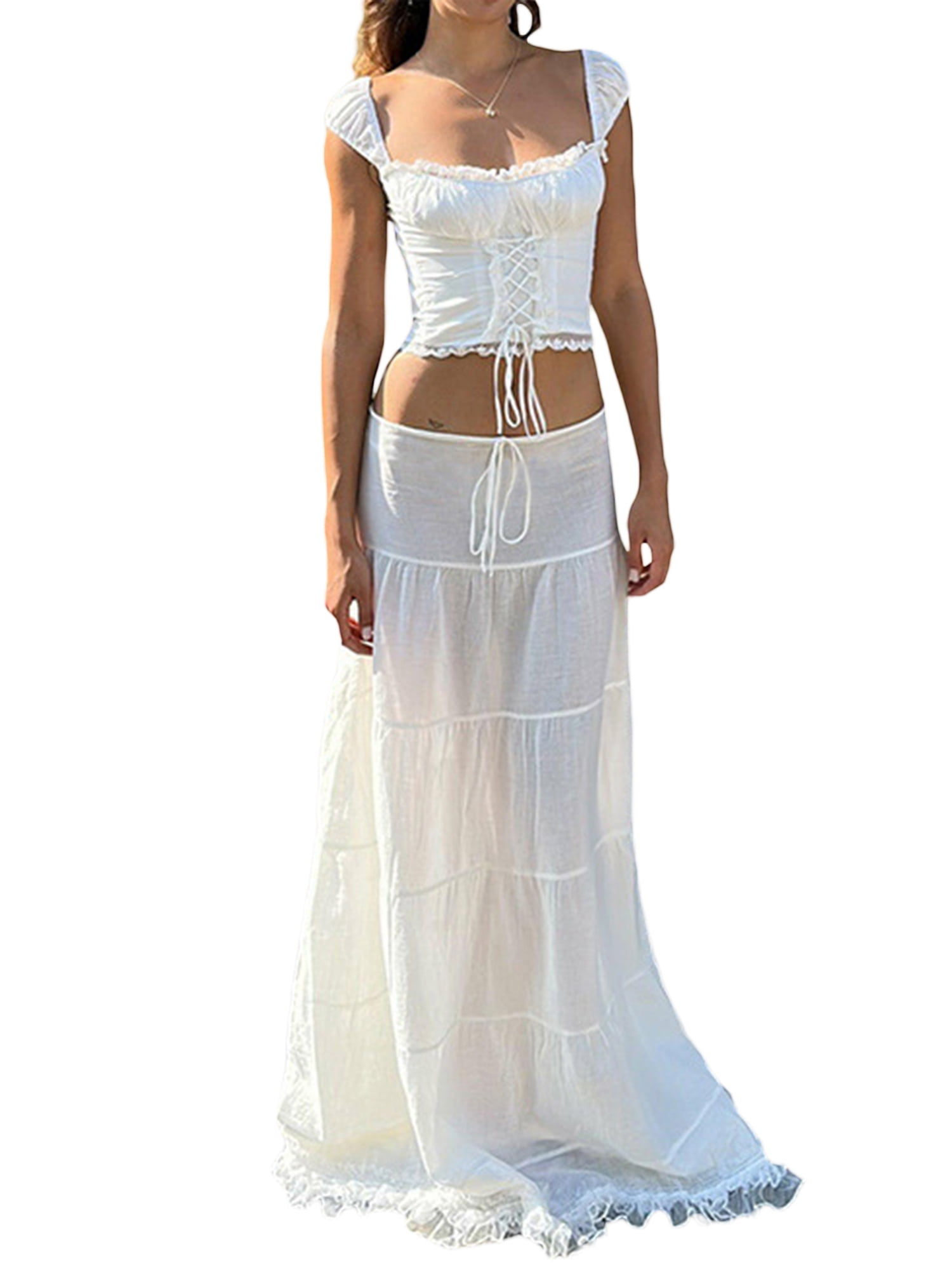 Women Y2k Fairy Grunge Long Skirts Lace Hem Low Waist Maxi