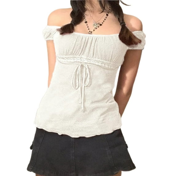 Women Y2k Fairy Grunge Shirts Short Sleeve See Through Lace Trim Square Neck T-shirt Vintage Aesthetic Goth Tees Tops