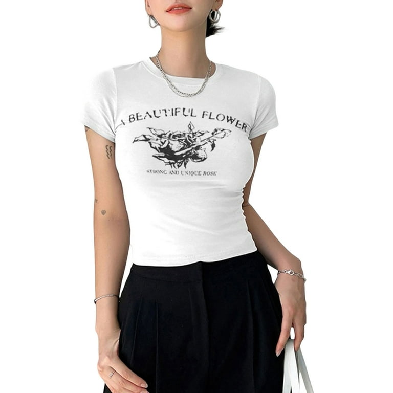 Women Y2k Fairy Grunge Short Sleeve T Shirt Slim Fitted Crew Neck