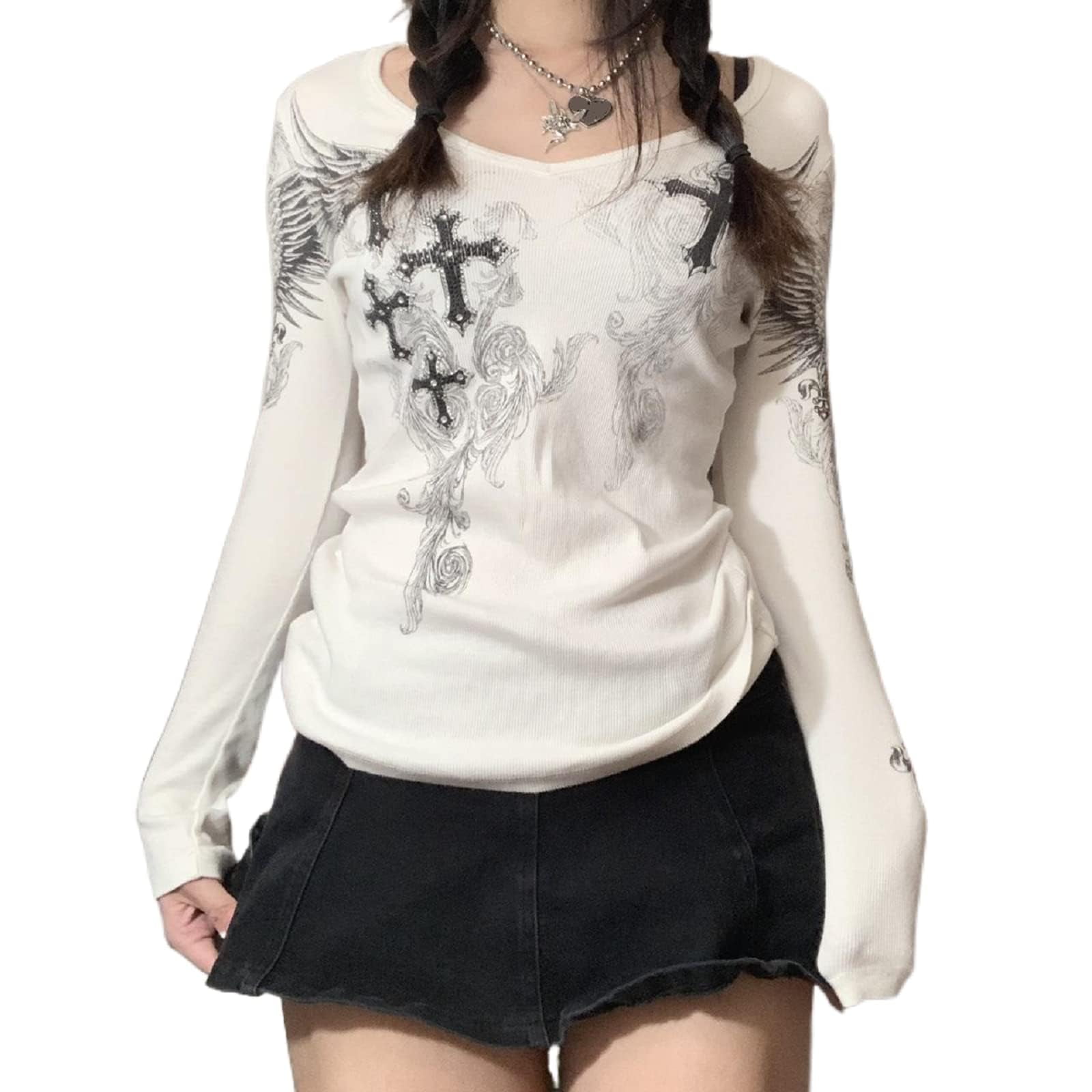 Fairy Grunge Print Turtleneck T-Shirt For Women - Y2K Vintage Goth E-Girl Top, Casual Streetwear