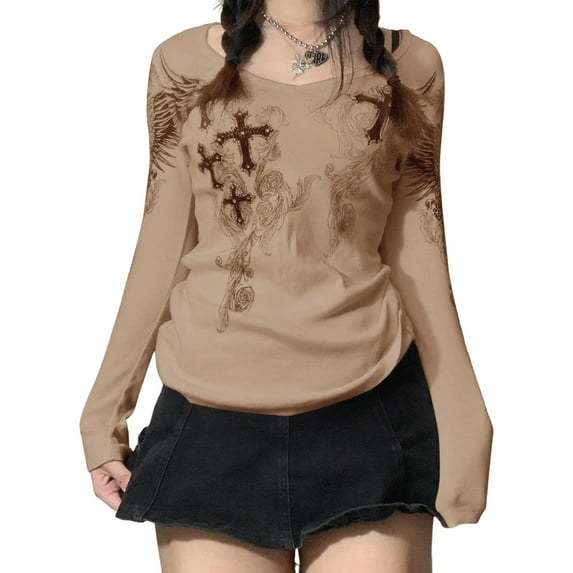Women Y2k Fairy Grunge Top Shirt Long Sleeve Vintage Aesthetic Graphic T-Shirt Teen Girls Gothic Slim Fit Tees Tops