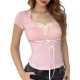 Women Y2k Fairy Tshirt Short Sleeve Bow Lace Trim Slim Fit Tops