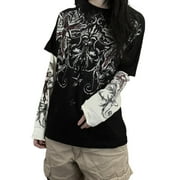 MILDSOWN Women Y2k Fake Two-Piece T-Shirts Long Sleeve Graphic Tees Fairy Grunge Gothic Tops Aesthetic Clothes