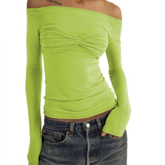 Women Y2k Flared Long Sleeve Off-shoulder Crop Tops See-through Mesh T-shirt Aesthetic Streetwear