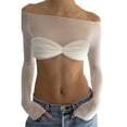 thumbnail image 1 of Women Y2k Flared Long Sleeve Off-shoulder Crop Tops See-through Mesh T-shirt Aesthetic Streetwear, 1 of 6