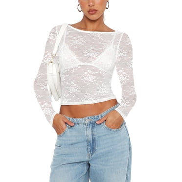 Women's Crop Top – Sheer Mesh Long Sleeve Blouse With See-Through Inserts (Black/Wine/Khaki)