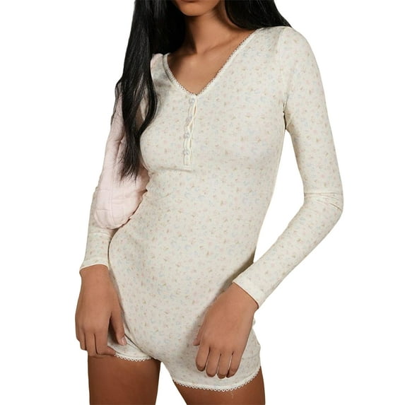 Women Y2k Floral Long Sleeve One Piece Bodysuit V Neck Bodycon Shorts Stretchy Pajama Playsuit Rompers Jumpsuit