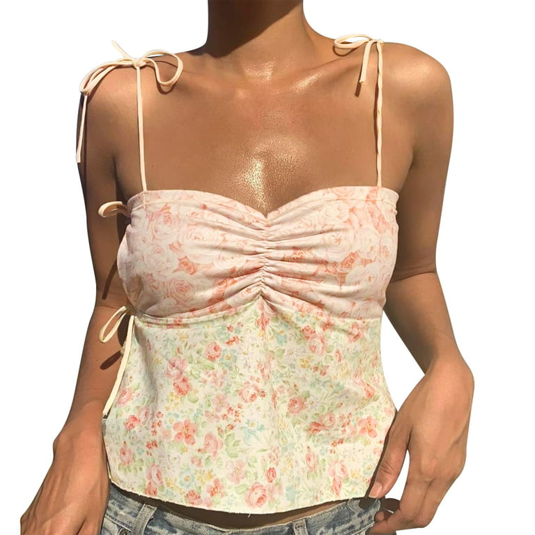 Women Y2k Floral Print Camisole Fairy Cute Lace Trim Spaghetti Strap Crop  Top Vintage Summer Vest Tank Top Streetwear