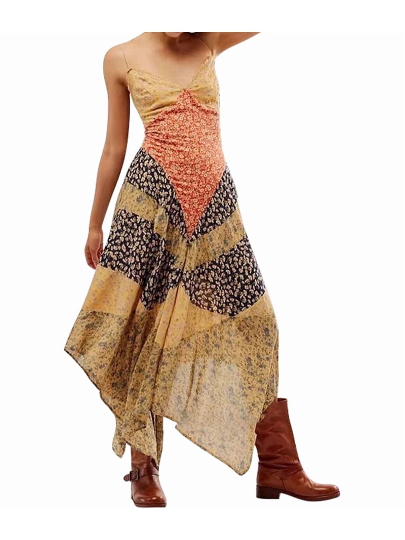 Jaimenalin Women Y2k Floral Smocked Maxi Dress Shoulder Tiered Ruffle Midi Sun Dress Boho Casual Beach Long Dresses Yellow L, Women's, Size: Large