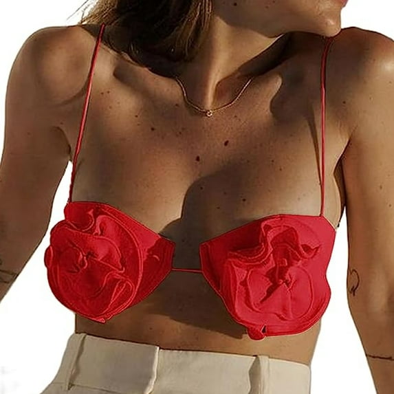 Women Y2k Floral Tank Top 3D Rosette Spaghetti Strap Ruffles Frill Camisole Sleeveless Backless Flower Tube Tops