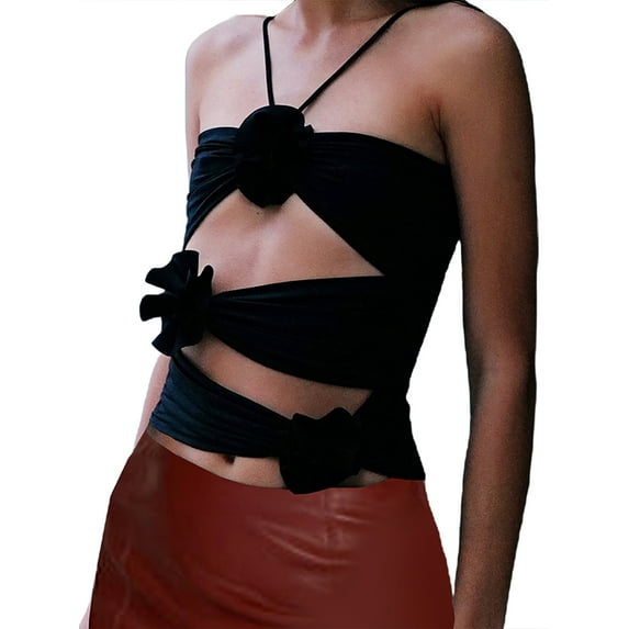 Women Y2k Floral Tank Top 3D Rosette Spaghetti Strap Ruffles Frill Camisole Sleeveless Backless Flower Tube Tops