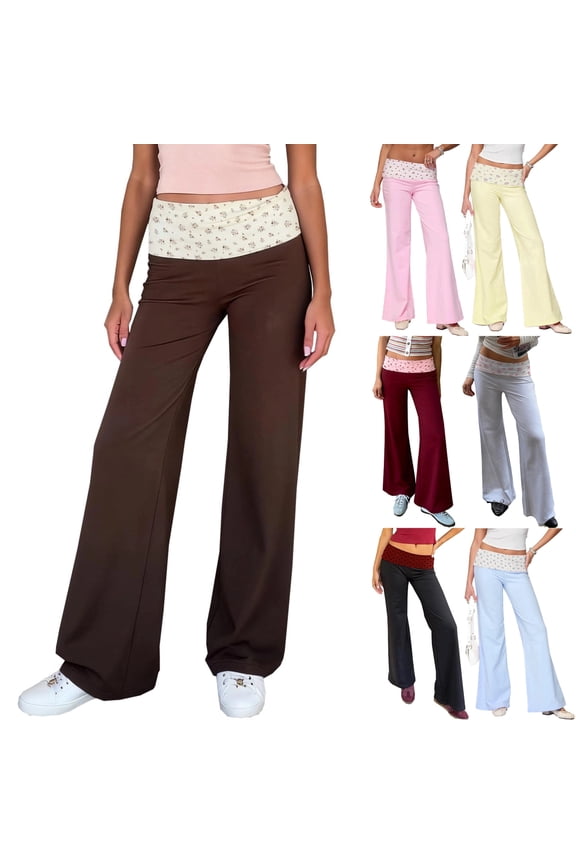 Women Y2k Fold Over Yoga Pants Low Rise Wide Leg Flare Full Length Lounge Casual Trousers Daily Streetwear Bottoms Brown S