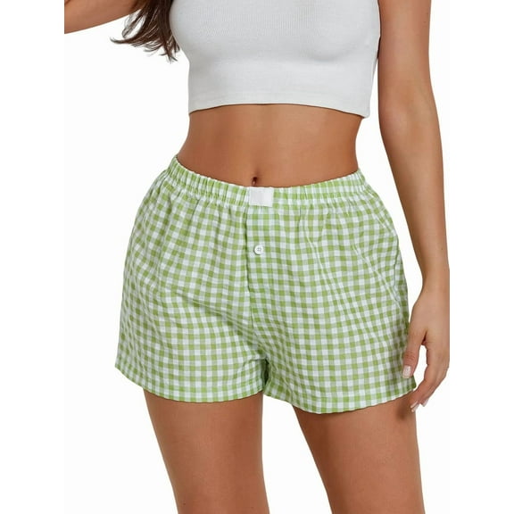 Women Y2k Gingham Cute Pj Short Pants Plaid Lounge Shorts Sleep Bottoms Elastic Boxers Streetwear Green L