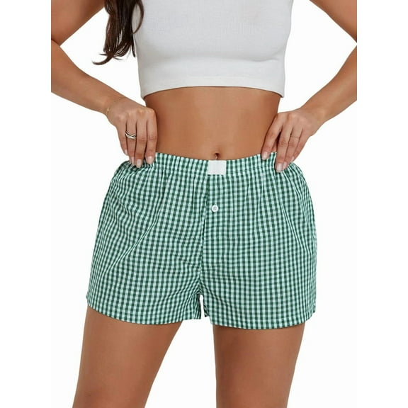 Women Y2k Gingham Cute Pj Short Pants Plaid Lounge Shorts Sleep Bottoms Elastic Boxers Streetwear Green S