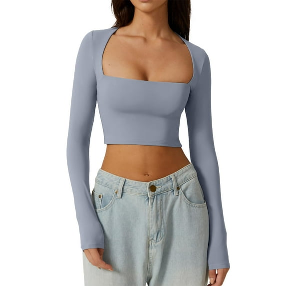 Women Y2k Going Out Crop Tops Long Sleeve Square Neck Tight Shirt Slim Fit Tees Top Streetwear