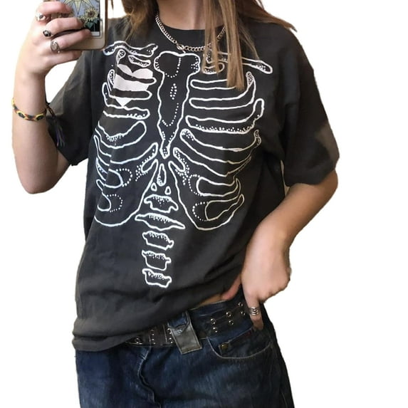 Women Y2k Gothic Oversized T-shirt Tops Short Sleeve Skeleton Print Graphic Tees Teen Girl Clothes