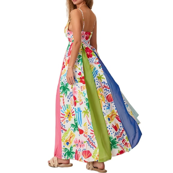 Women Y2k Graffiti Printed Dress Colorful Spaghetti Strap Cute A Line Vintage Flowy Sun Dress