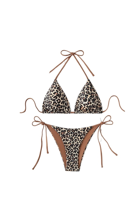 Women Y2k Halter Bikini Sets Leopard Print High Cut Tie Side Triangle Thong Bathing Suits Black Brown Leopard Print S
