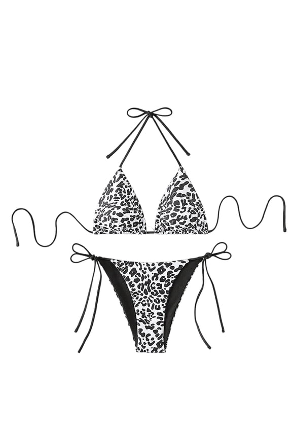Women Y2k Halter Bikini Sets Leopard Print High Cut Tie Side Triangle Thong Bathing Suits Black & White Leopard Print XS