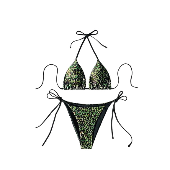 Women Y2k Halter Bikini Sets Leopard Print High Cut Tie Side Triangle Thong Bathing Suits Green Leopard XS
