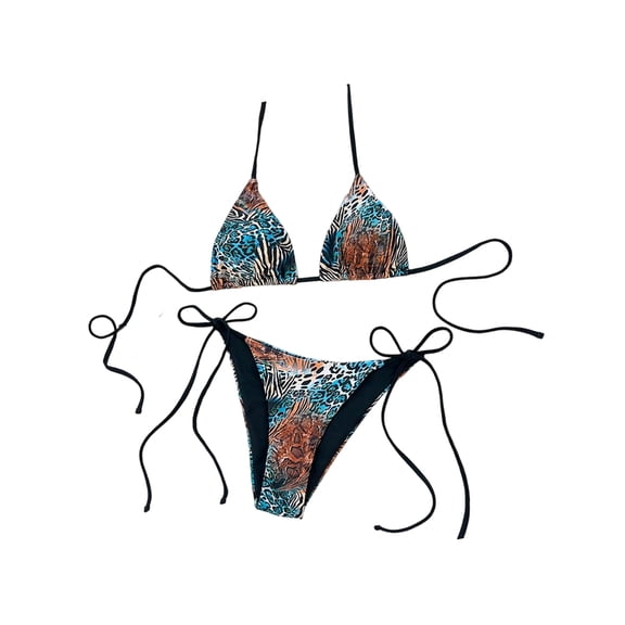Women Y2k Halter Bikini Sets Leopard Print High Cut Tie Side Triangle Thong Bathing Suits Leopard Print XS