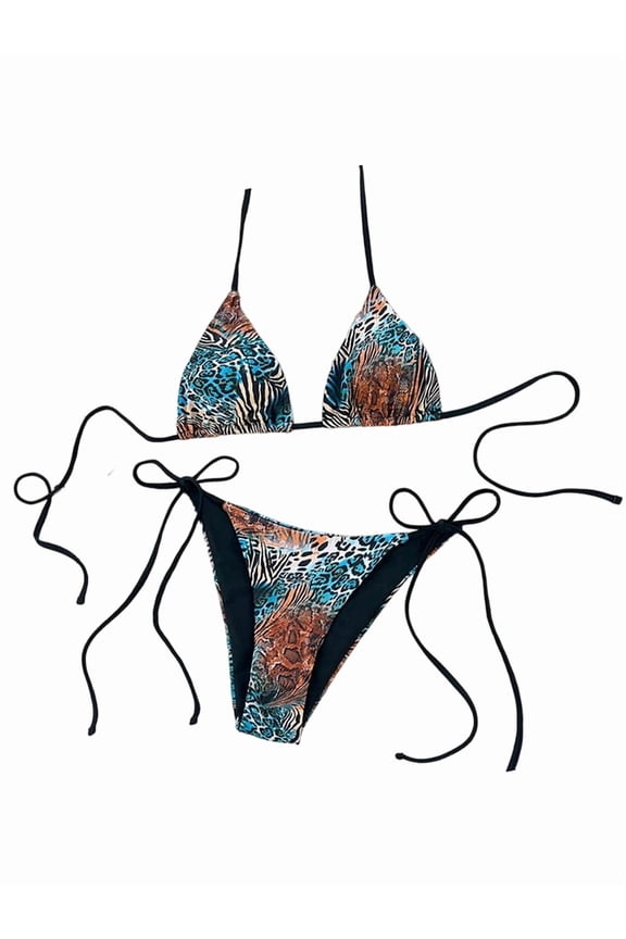 Women Y2k Halter Bikini Sets Leopard Print High Cut Tie Side Triangle Thong Bathing Suits Leopard Print XS