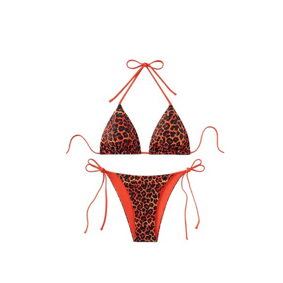 Women Y2k Halter Bikini Sets Leopard Print High Cut Tie Side Triangle Thong Bathing Suits Orange Leopard Print XS
