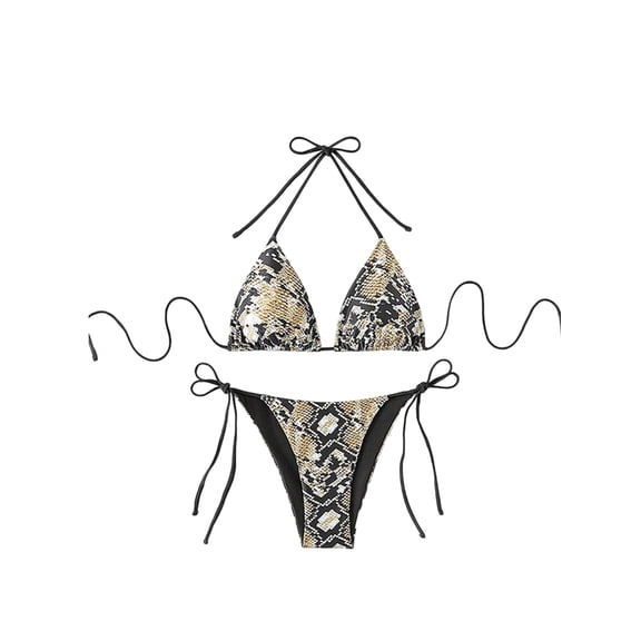 Women Y2k Halter Bikini Sets Leopard Print High Cut Tie Side Triangle Thong Bathing Suits Snake Skin Print S