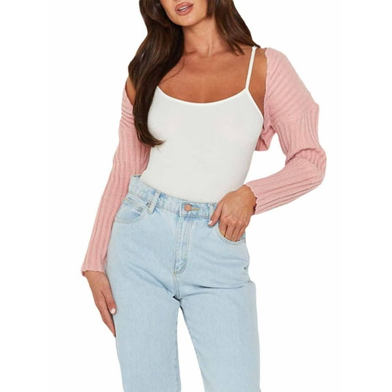 Women Y2k Knit Crochet Shrug Long Sleeve Crop Top Bolero Cardigan Contrast Color Vintage Cropped Shrug Sweater