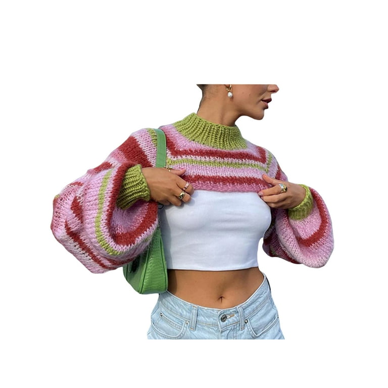 Women Y2k Knitted Smock Long Sleeves Shrugs Sweater Striped Women Y2k Knitted Smock Long Sleeves Shrugs Sweater Striped