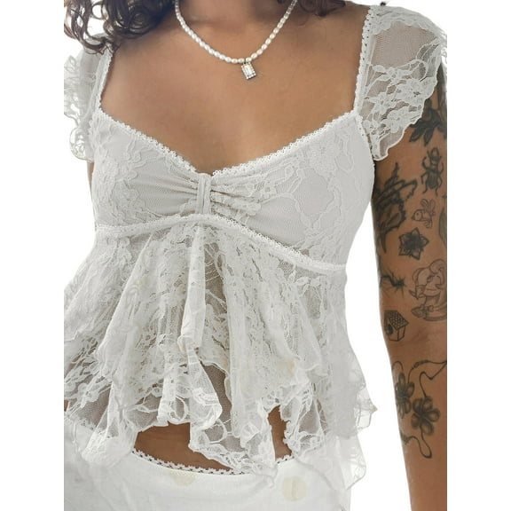 Women Y2k Lace Crop Top Summer Cap Sleeve Sheer Irregular Hem Shirt Tanks Tops Coquette Clothes