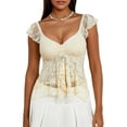 thumbnail image 1 of Women Y2k Lace Crop Top Summer Cap Sleeve Sheer Irregular Hem Shirt Tanks Tops Coquette Clothes, 1 of 6